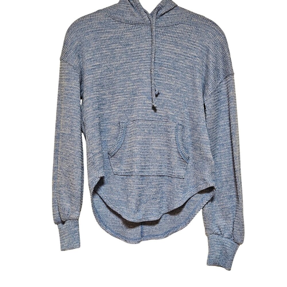 Juniors waffle knit textured soft blue drawstring hooded long sleeve top XS